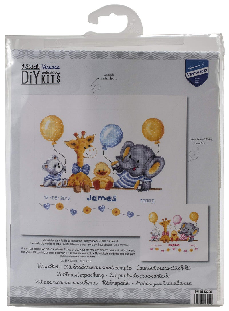 Vervaco Birth Record Animal Cheer Counted X Stitch Kit, Multi-Colour - Image 1